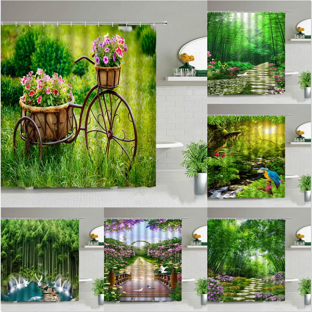 Natural Scenery Green Bamboo Flower Birds Plant Shower Curtains Forest Spring Summer Landscape Bathroom Decor Cloth Curtain Set