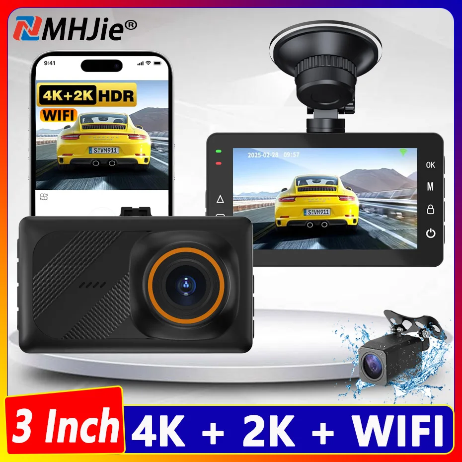 

4K Ultra HD Dash Cam Night Vision Front 2160P With Back 1440P Car Video Camera Logger G Sensor Loop Recording App WiFi Control