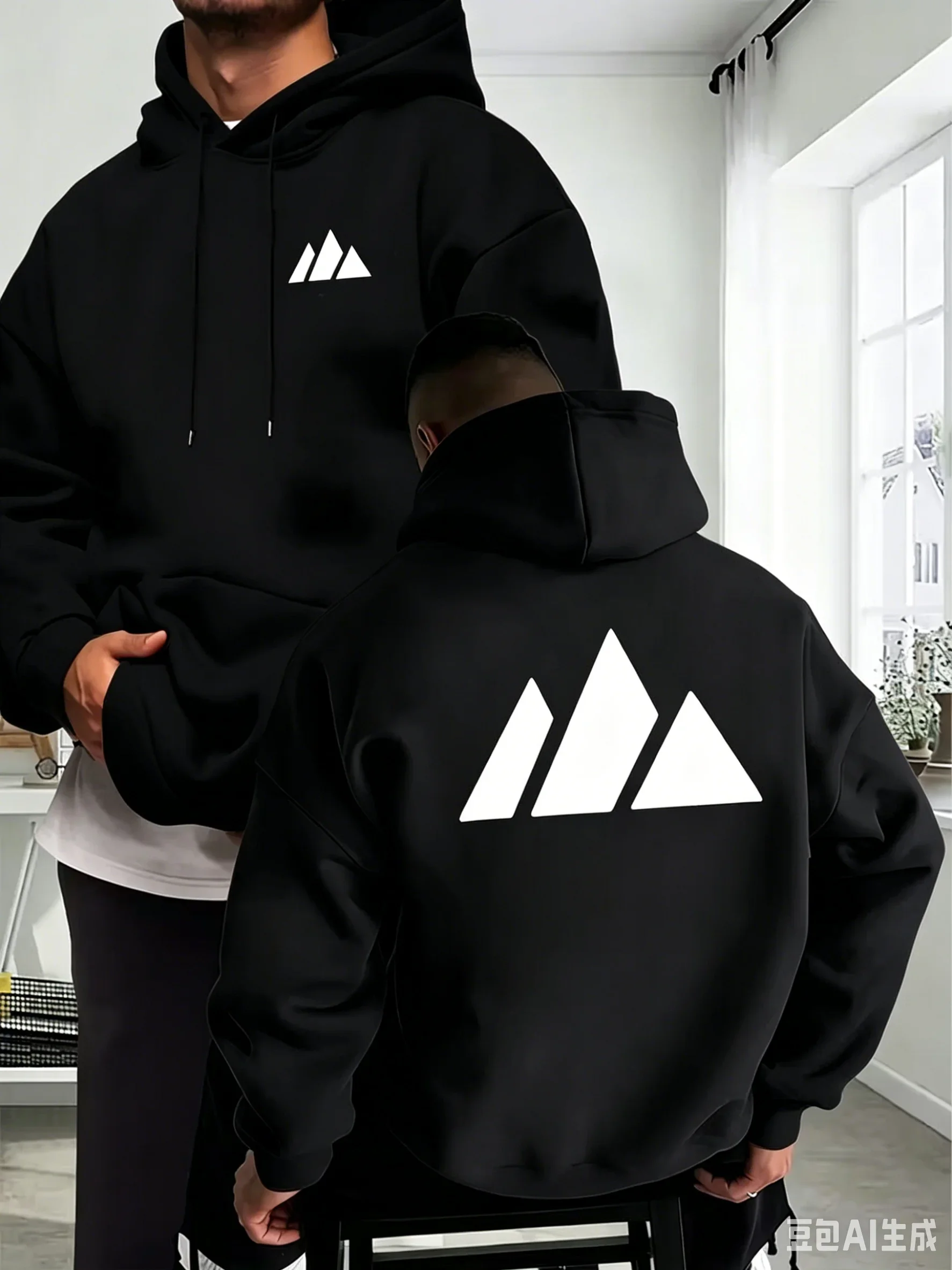 Men's Fall/winter Casual Hooded Sweater Featuring A White Mountain Pattern Sport Elements with A Relaxed Casual Outdoor Style.