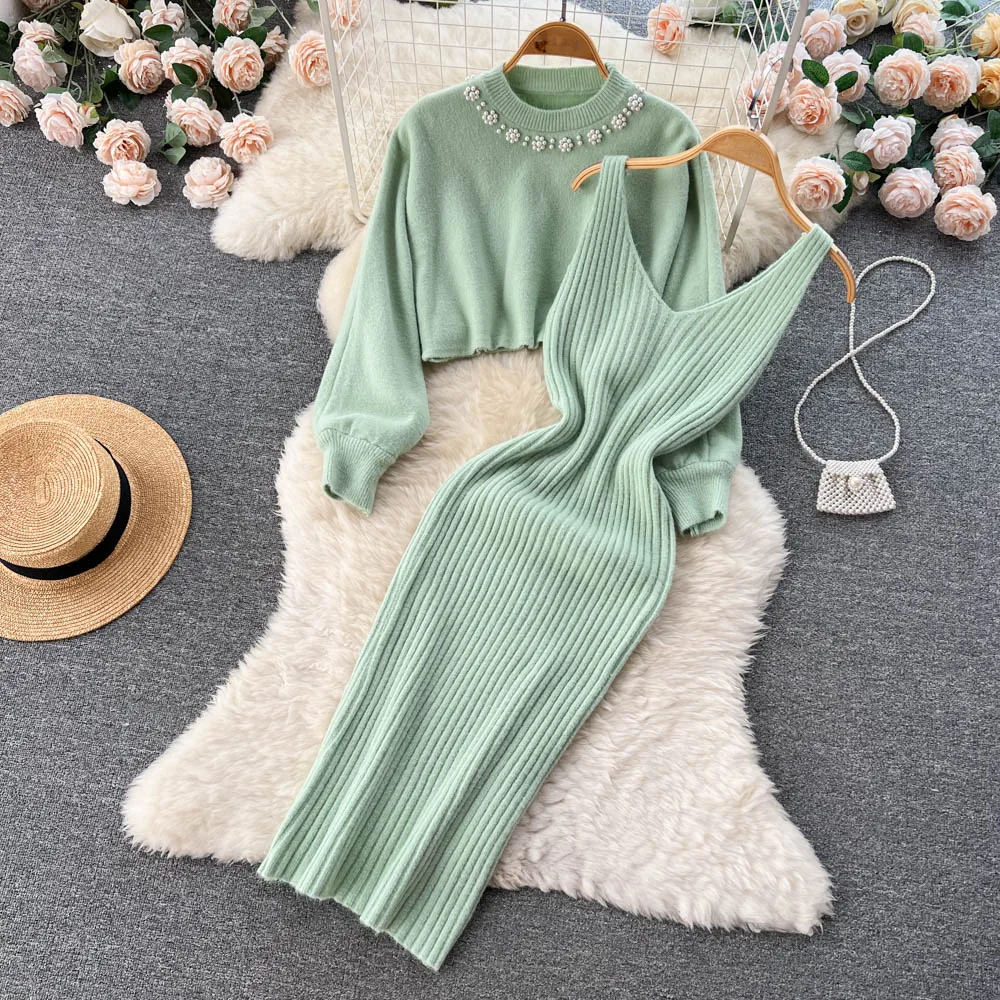 Neue Frauen ärmelloses Kleid gestrickt zweiteilig Set Mode Perlen Perle Langarm Croppde Sweater Schal gestrickt Camis Kleid Sets