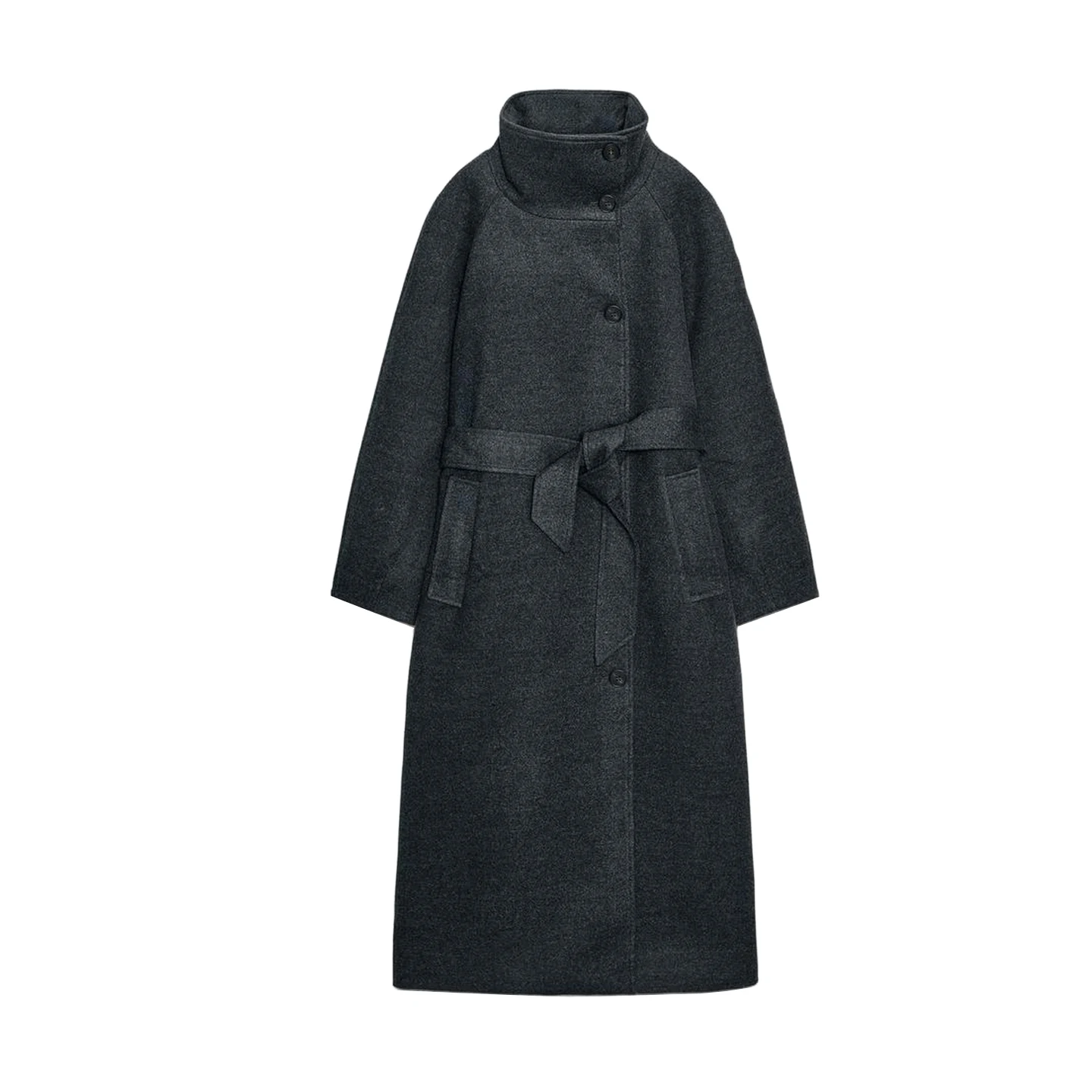 Autumn Winter Women's Briti Sle Coat Soft Long Sve Stand Collar with Belt ket Trim Polyester Fiber 00%