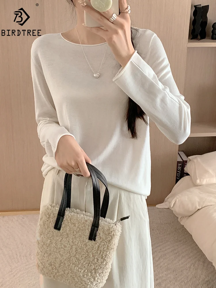 BirdTree, Cashmere Wool Silk Elegant Sweaters, Women O Neck Casual Fashion, Loose Knit Bottom Tops, 2024 Autumn Winter T47007QM