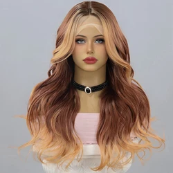 Peluca de encaje frontal de Color degradado para mujer, cubierta de cabello largo y rizado de cobre antiguo, Carny Karen Silk, rayita ondulada grande realista