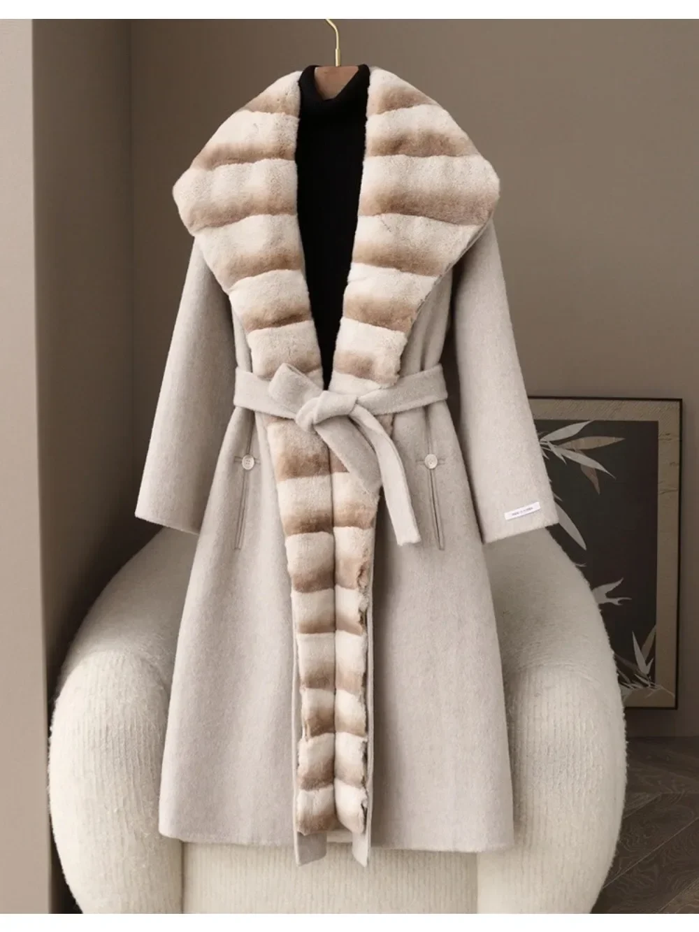 Vrouwen natuurlijke Rex konijnenbont wolmengsels dikke warme lange bovenkleding met riem casual echt bont kapjas