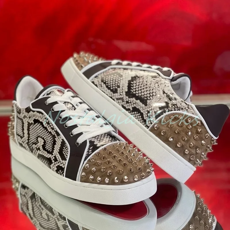 

Trendy Men's Low Cut Snakeskin Patterned Sneakers Gold Metal Studs Embellished Casual Shoes White Platform Lace Up Couple Shoes