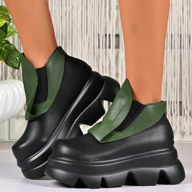 

Woman Pumps Gothic Round Toe Platform Black Leather Casual Shoes for Women High Heels Spring Popular Stylish Shoe Plus Size 40