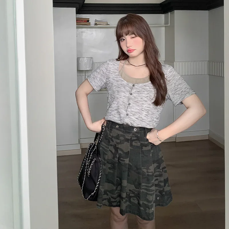 Chic High Waist Camouflage Jean Skirt Plus Size Women's A-Line Pleated Mini Skirt Summer New Arrival