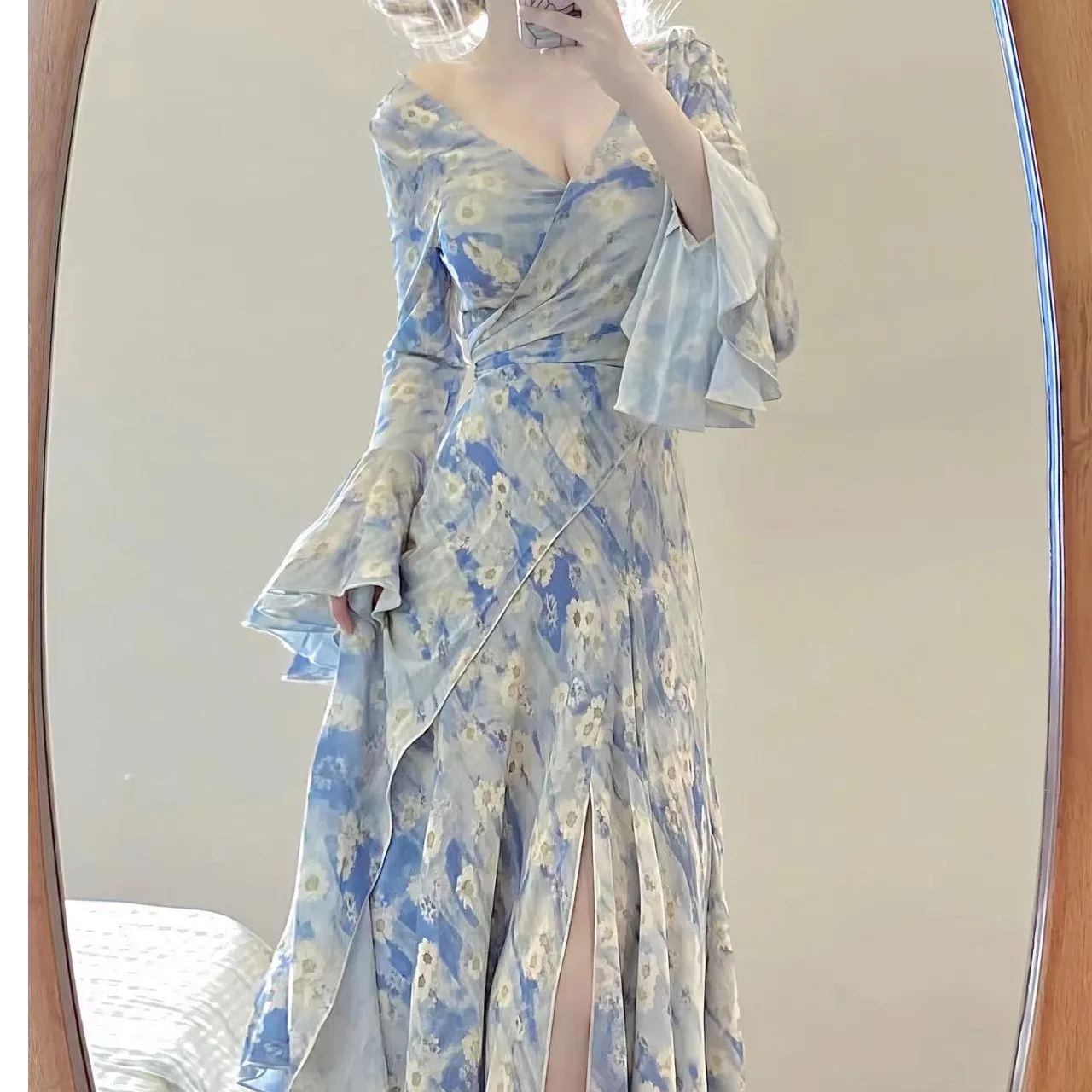 Ele imprimé fleuri longue Dr femmes automne saison jupe Midi cloche Sve v-ne robe fente conception Sensation Unique Faion