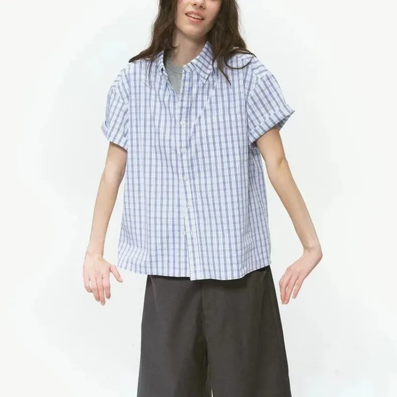 

Japanese American Retro Blue Plaid Shirt Unisex Loose Short Sleeve Cleanfit Thin Blouse