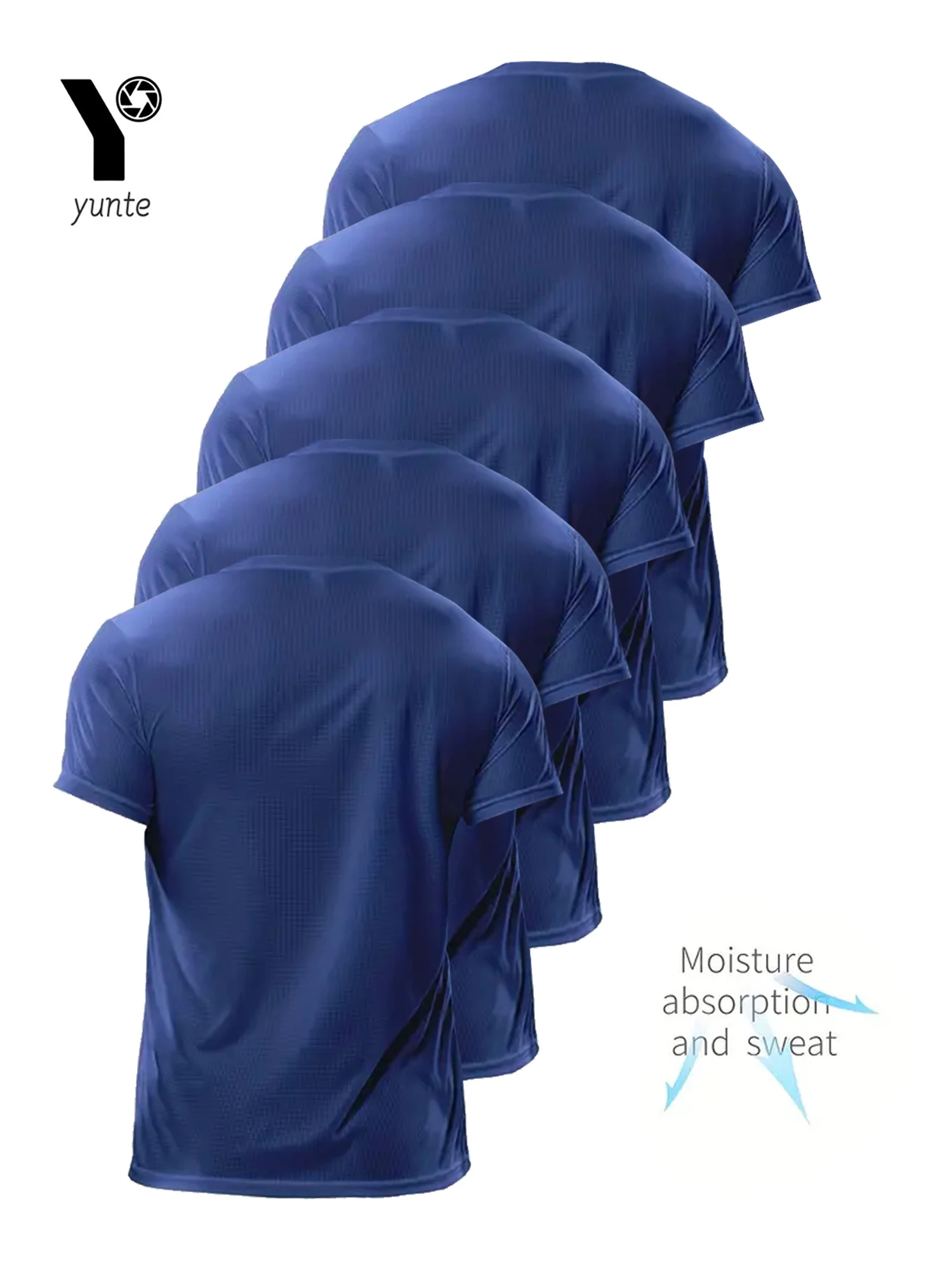 Round Neck T-Shirt 5Pcs Ultra-Light Men's Navy Blue Quick-Drying Breathable Sweat-Absorbent Shirt for Fitness Gym and Running