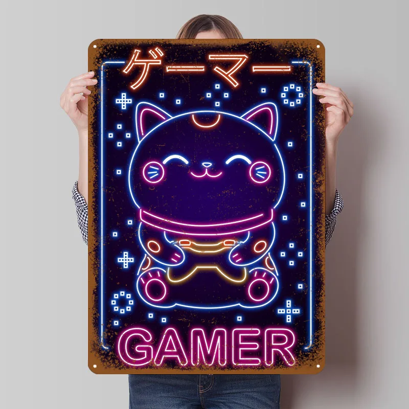 Neon Kawaii Neko Gamer Sign Video Game Poster Garage Decoration Living Room Custom Metal Tin Signs for Wall Art Decoration Bar