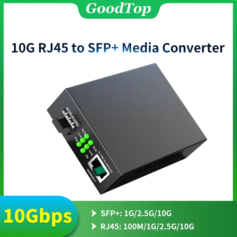 Goodtop 10Gbps SFP+ Fiber to RJ45 Media Converter RJ45 to SFP+ 10/100/1000M/2.5G/10G Ethernet 10000M Converter Transceiver