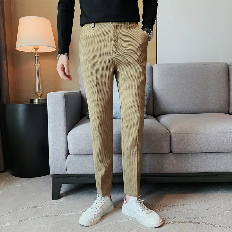 2023 Autumn New Waffle Business Dress Pants Men Elastic Waist Casual Suit Pant Classic Slim Office Social Trousers Costume Homme