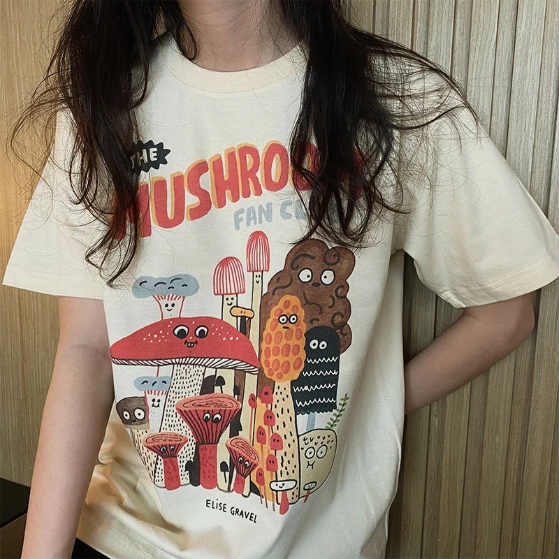 キノコかわいい女性のtシャツ夏のヴィンテージ80s 90綿半袖かわいいグラフィックおかしいティーストリート服原宿