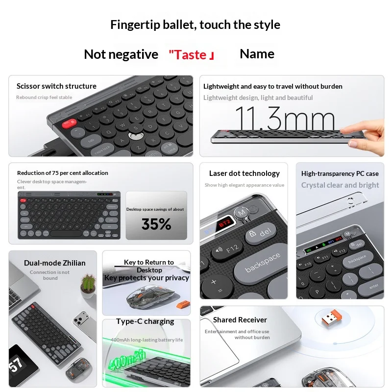 Wireless Bluetooth Keyboard Rechargeable Scissor Switch Slim Type C Charging 400mah Battery For Laptop Tablet Phone Desktop Pc