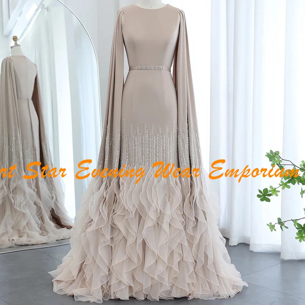 Customized Luxury Beading Ruffles  Evening Dress with Belt Long Sleeves O-Neck Zipper Back High Quality Ruffles Party Dresses