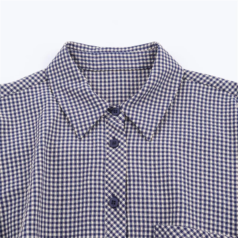 Nowa kolekcja damska Jesień/Zima 2025, koszula w pepitkę w stylu vintage z bufiastymi rękawami i kieszenią na piersi.