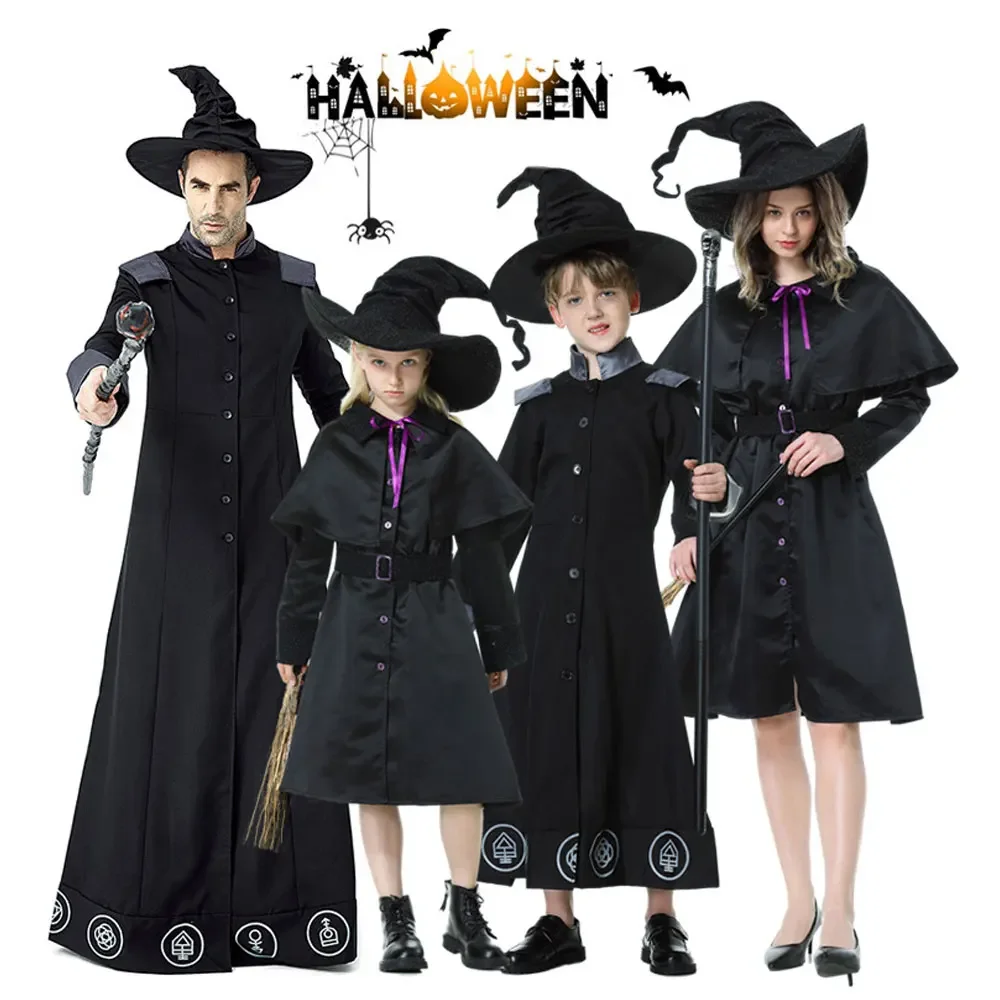 

Halloween Adult Kids Black Magician Wizard And Witch Cosplay Costume Magician Robed Wizard Party Masquerade Parent-child Costume