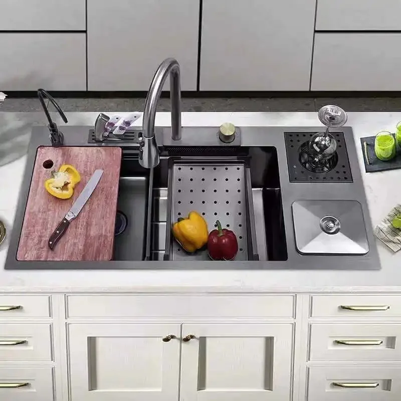 TikTok Trends All-in-One Stainless Steel Kitchen Sink with Single Bowl and Pull-Down Waterfall Faucet for Drain Installation