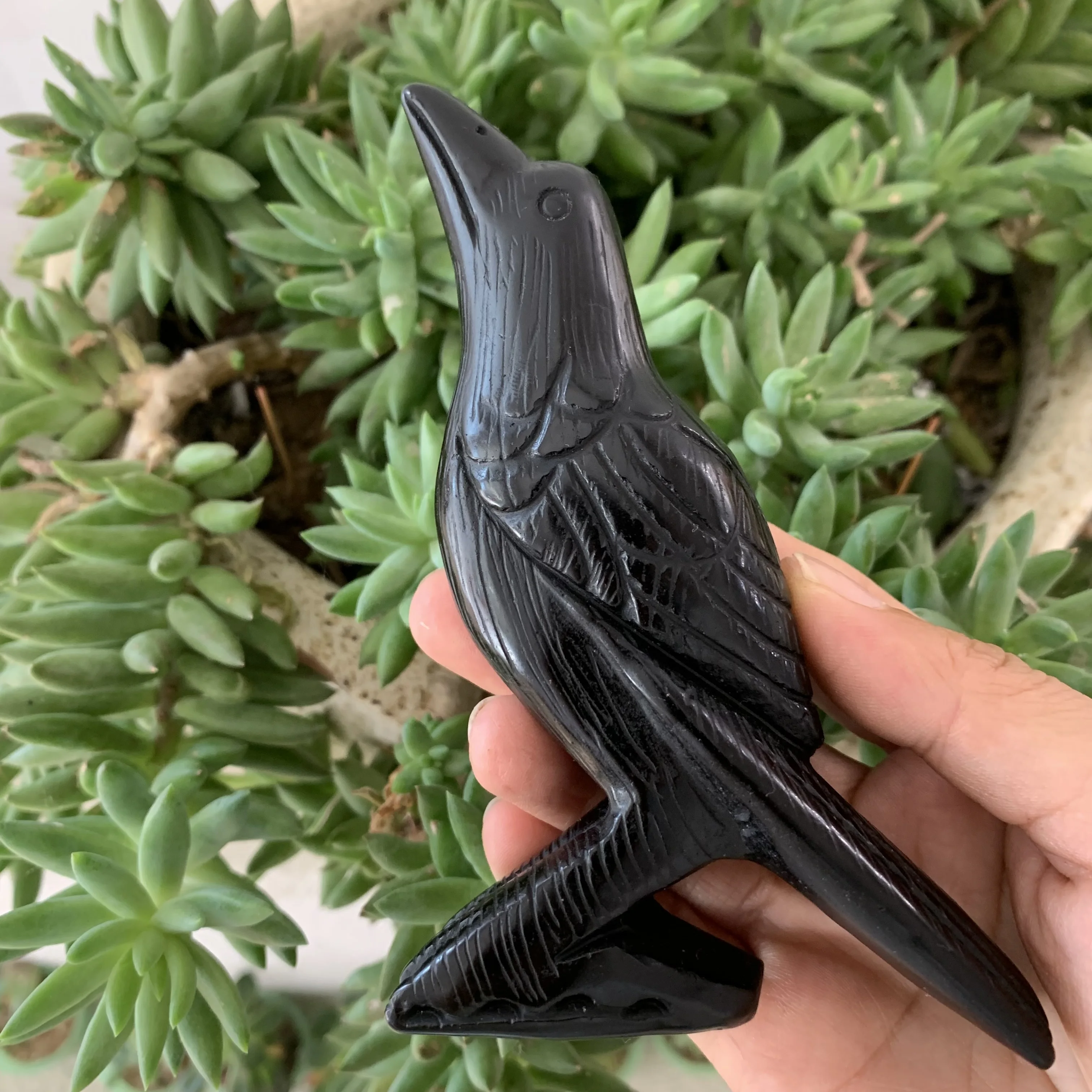 

Natural Black Obsidian Carved Raven sculpture Black Bird Crow Figurine Statue Halloween Decor