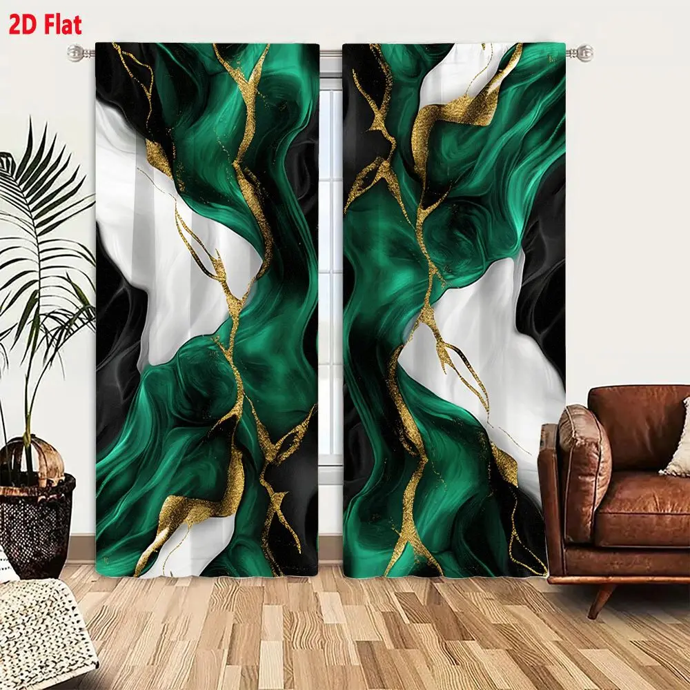 2Pcs Curtains Add 2D Flat Abstract Emerald Green Black White Gold Vein Liquid Marble Art Window Drapes for Bedroom Room Decor De