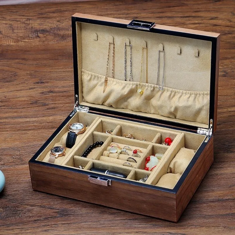 Wooden Jewelry Organizer Box 2 Layer Jewelry Storage Boxes Vintage Woman Necklace Ring Case Large Earrings Storage Cases