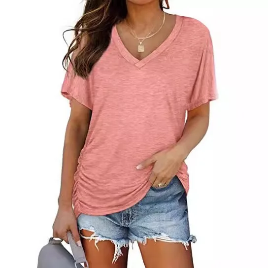 

Women's Pleated V-ne ort Sve T-irt Casual Loose Fit Knitted Cotton Summer Top Baall Sve