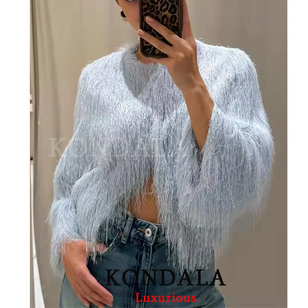 سترات نسائية مثيرة أنيقة بشراشيب بيضاء من KONDALA معاطف قصيرة بأكمام طويلة ورقبة دائرية موضة خريف 2025 ملابس خروج نسائية للحفلات