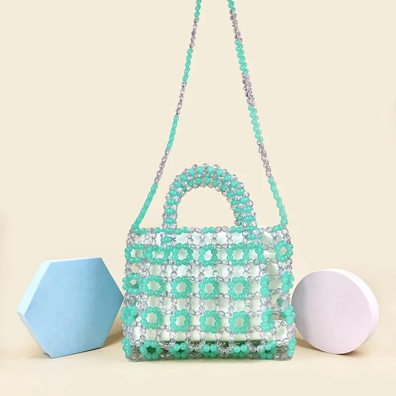 

New Handmade Ound Hand-beaded Handbag Green Transparent Acrylic Female Shoulder Bag Women's Sweet Beach Bag Bolsa Feminina