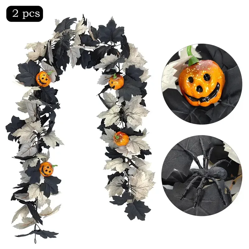 Halloween Garland Decorations Black Fall Leaves Vine with 3D Garland Thanksgiving Harvest Festival Fireplace Mantle Decor