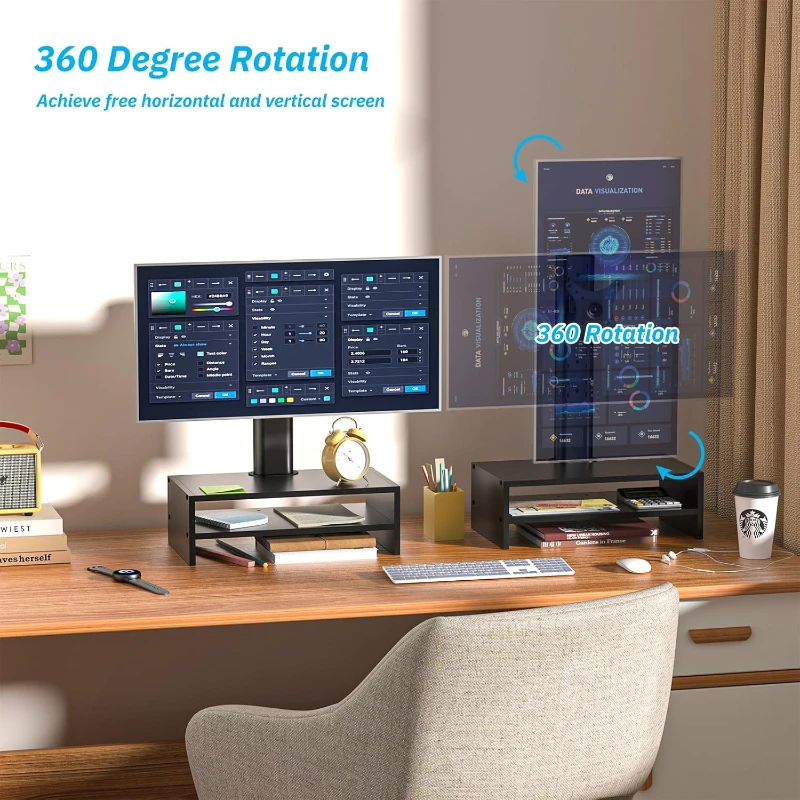 Подставка для монитора, 2-х ярусное отдельно стоящее крепление для монитора с органайзером для хранения экранов 13–32 дюйма с 360° °   Монитор вращения