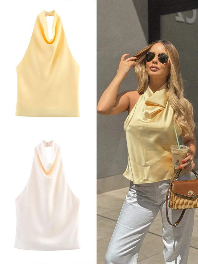 

TRAFZA Women Fashion Solid Halter Top Elegant Off-Shoulder Summer Sexy Lady Backless Tank Tops High Street Y2k Halter Neck Tops