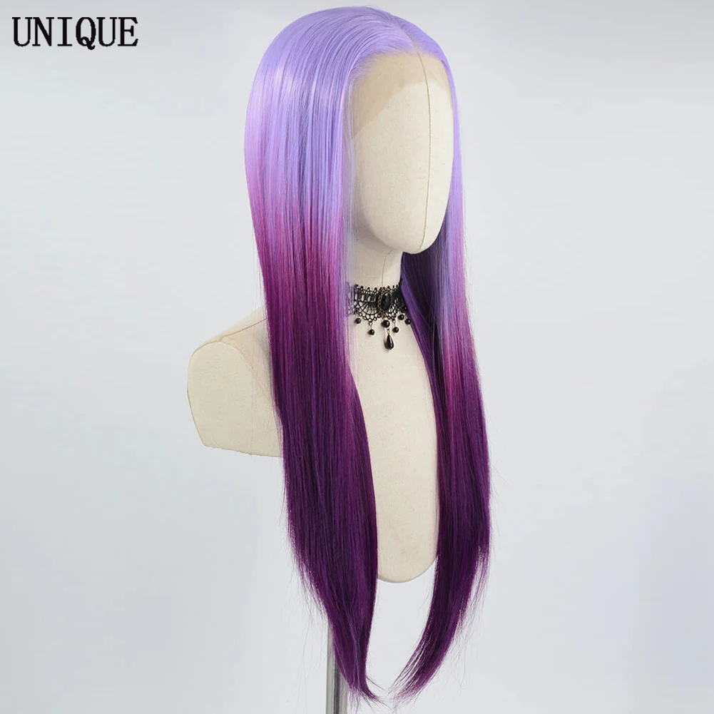 UNIQUEWIG-peruca dianteira do laço sintético para mulheres, sedoso Ombre reto, roxo colorido, natural sem cola, perucas Cosplay, festa, usado