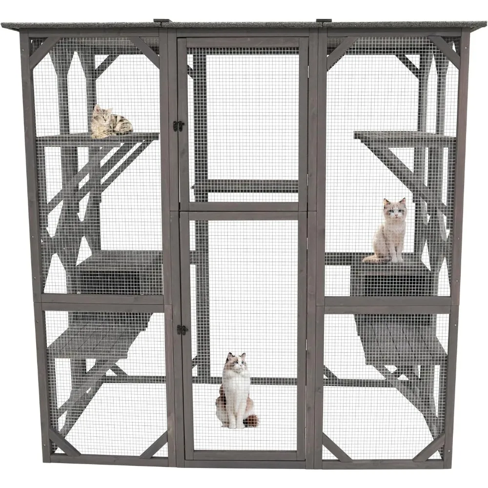 

Cat House Outdoor Catio Kitty Enclosure with Super Large Enter Door,Wooden Cat Cage Condo Indoor Playpen with Platforms Pull-Out