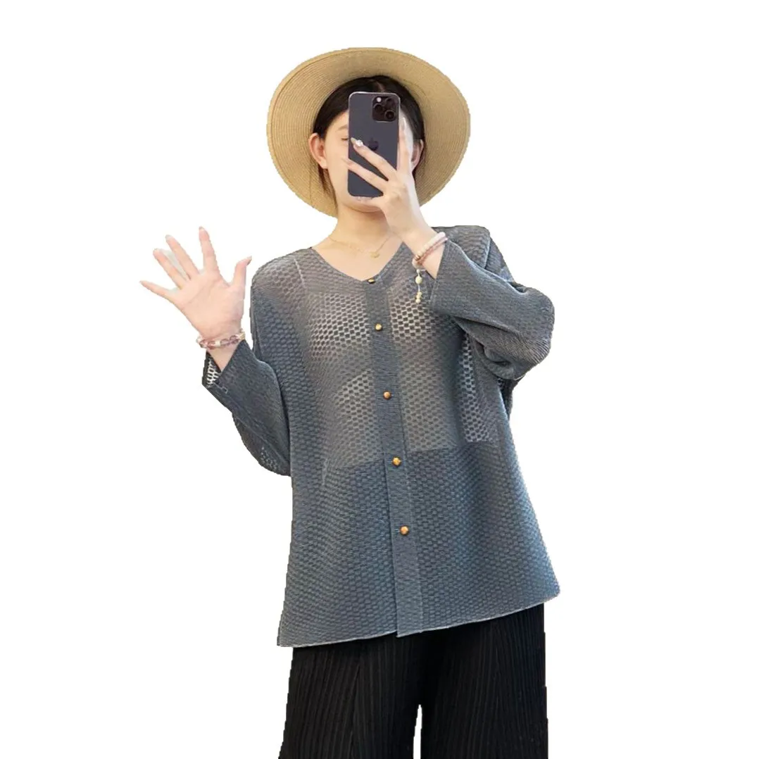 Miyake Plooien 2026 Premium Skeleton Jas Dames Ontwerp Honderd Licht Klein Shirt Eenvoudig Effen Kleur Casual Vest Tops