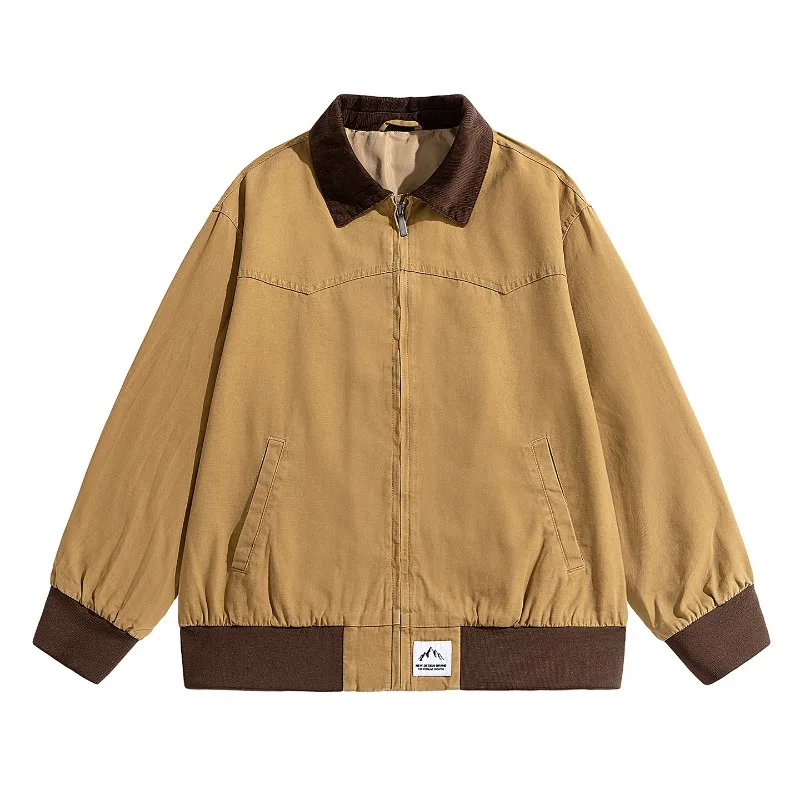 2026 New Men Contrast Corduroy Collar Washed Work Jacket Vintage Loose Spring Autumn Casual Multi‑color Top