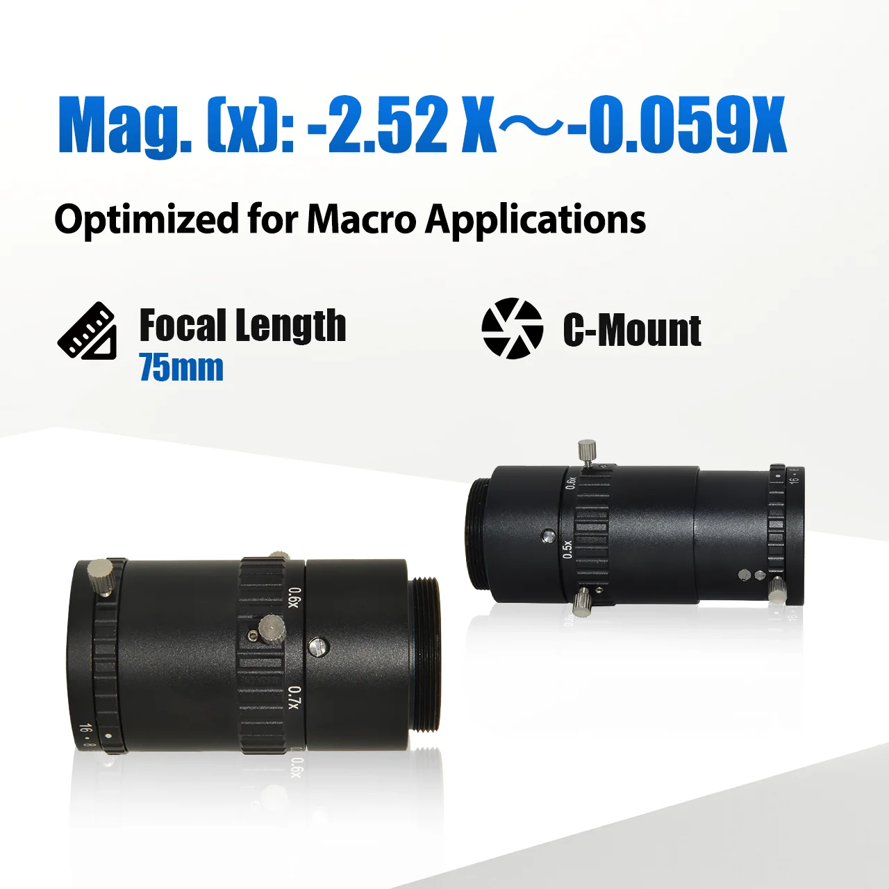 0.059x Magfication 75-100mm C mount Marco Manual zoom Lens For 1.1