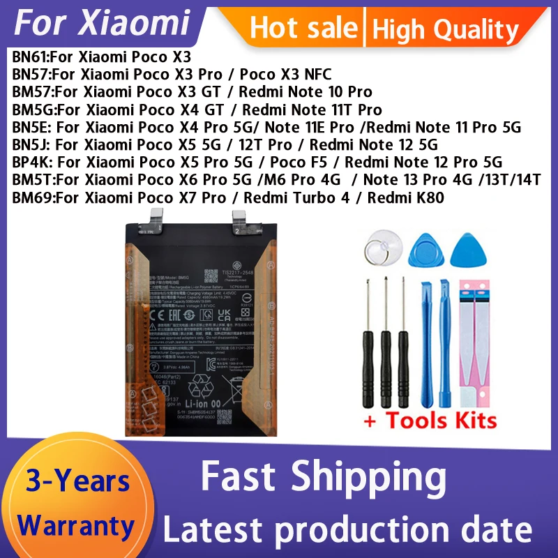 BP4K BM5T BN61 BM5G BN57 BN5J For Xiaomi Poco X7 X6 X5 X4 X3 Redmi Note 11 11E 12 13 13T 14T GT Pro 5G Battery Fast Shipping