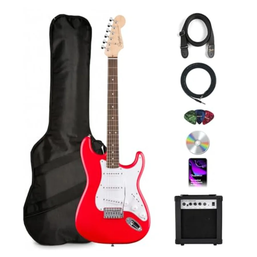 

Squier Stratocaster for beginner practice, alder body, Torino Red finish, includes amplifier, gig bag, strap, cable, picks, and