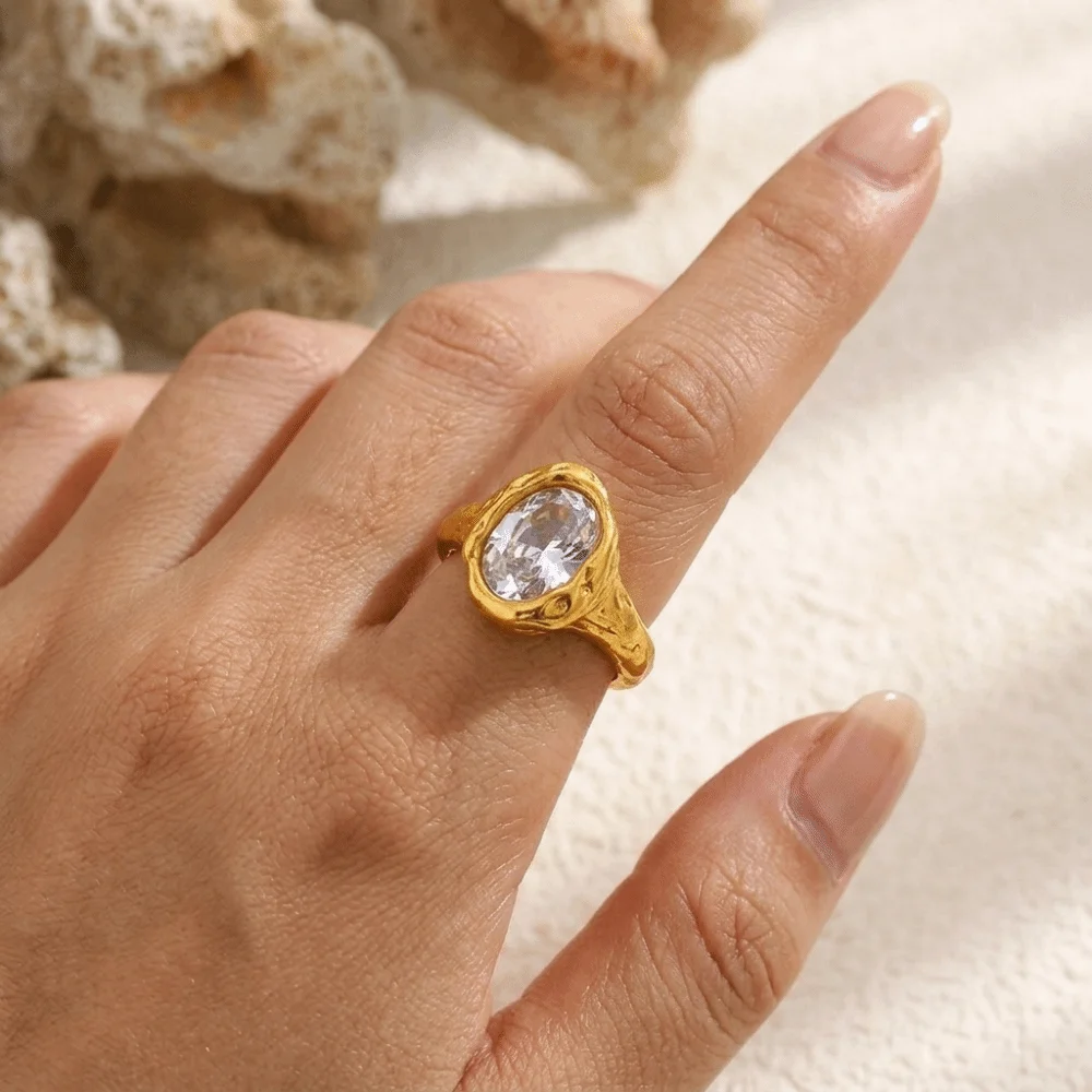 Shiny Oval Zircon Statement Ring Elegant Irregular Shape Zirconia Ring Unique Stainless Steel Ring Party Wear