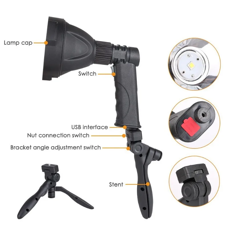 High-Brightness Handheld Searchlight with Stand - Large Reflector, Long-Range, Rechargeable, Long-Lasting Outdoor LED Flashlight