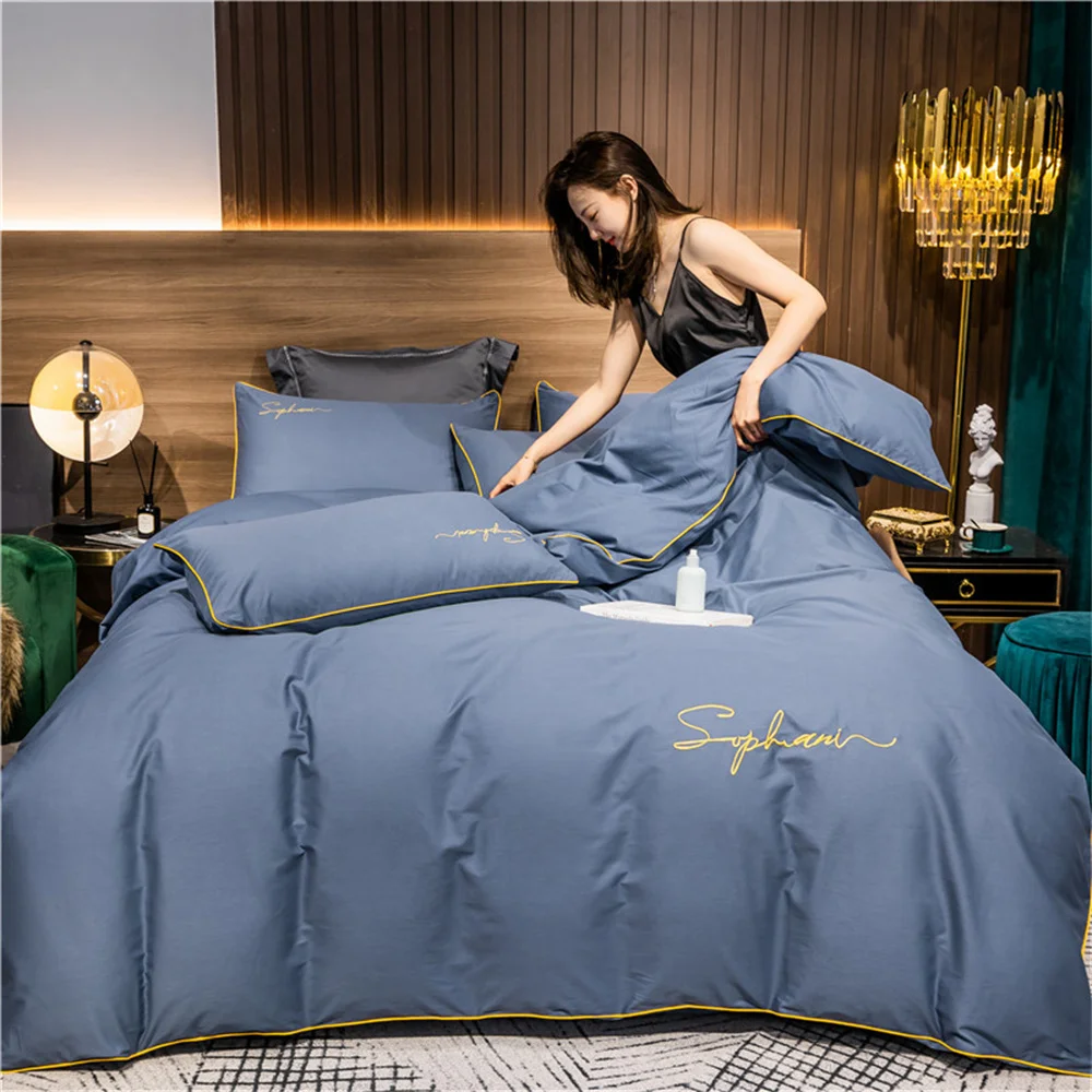 Svetanya Solid Cotton Embroidery Bed Linens Hotel Home Bedding Sets Sheet Pillowcase Duvet Cover Set