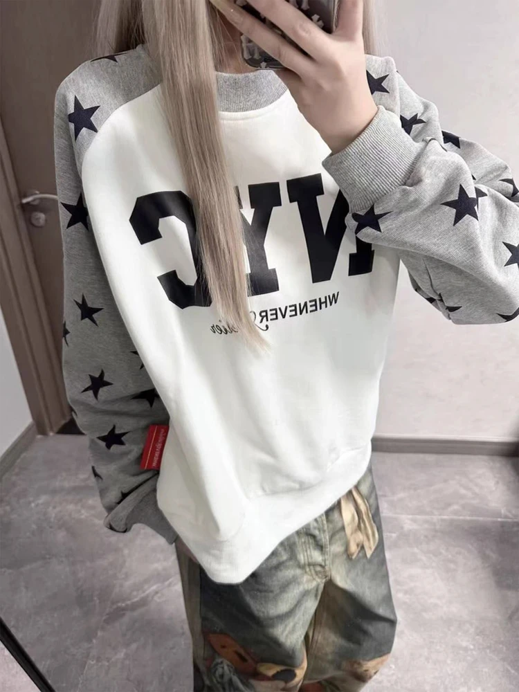 

Женская толстовка с принтом звезд и букв, с цветными вставками на плечах, осенне-зимняя, утепленная, с длинными рукавами, в американском стиле