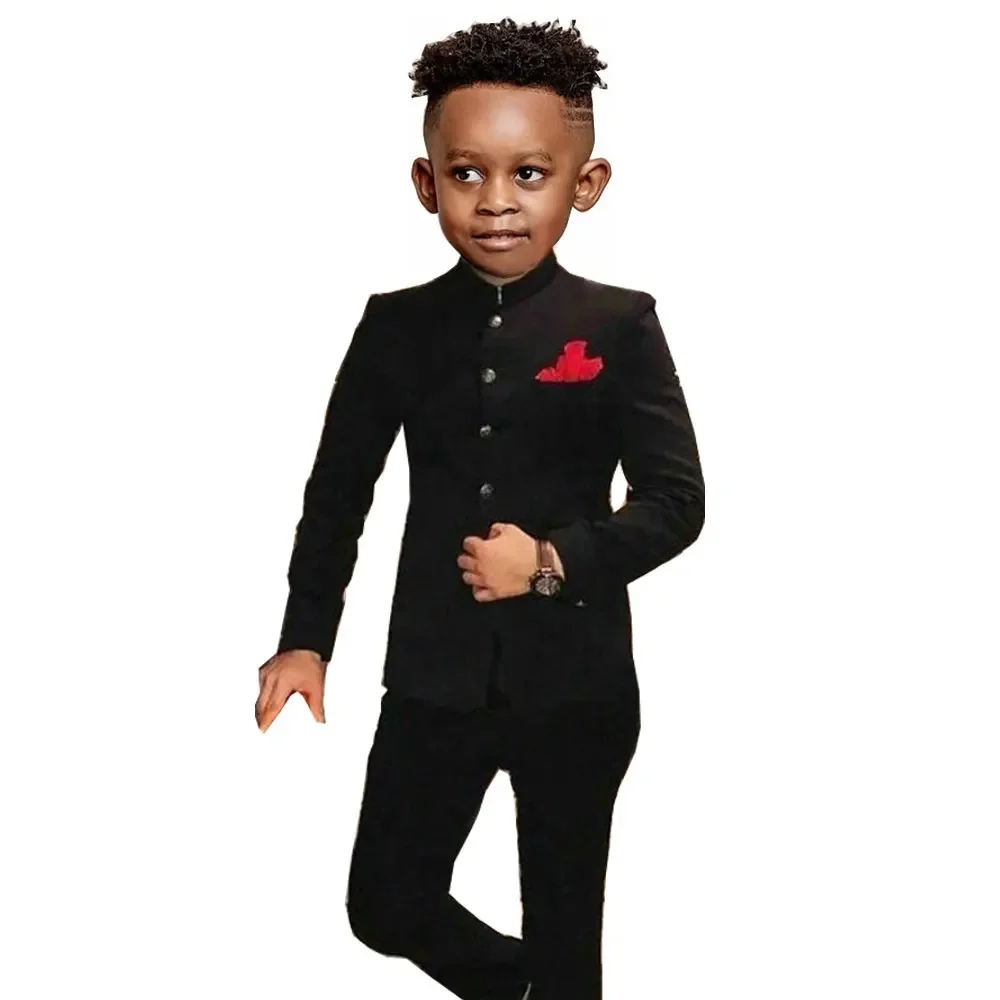 Boys Suit Formal with Stand Collar 2 Pieces African Design Wedding Tuxedo Jacket Pants for Party Birthday Flower Kids Customized