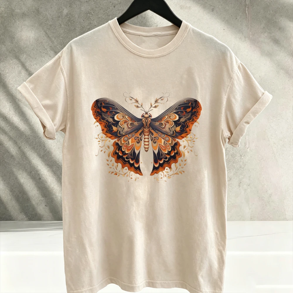 Butterfly Ornamental Graphic Printed T-Shirt Black Orange Brown Vintage Decorative Wings Curl Leaf Pattern Short Sleeve unisex