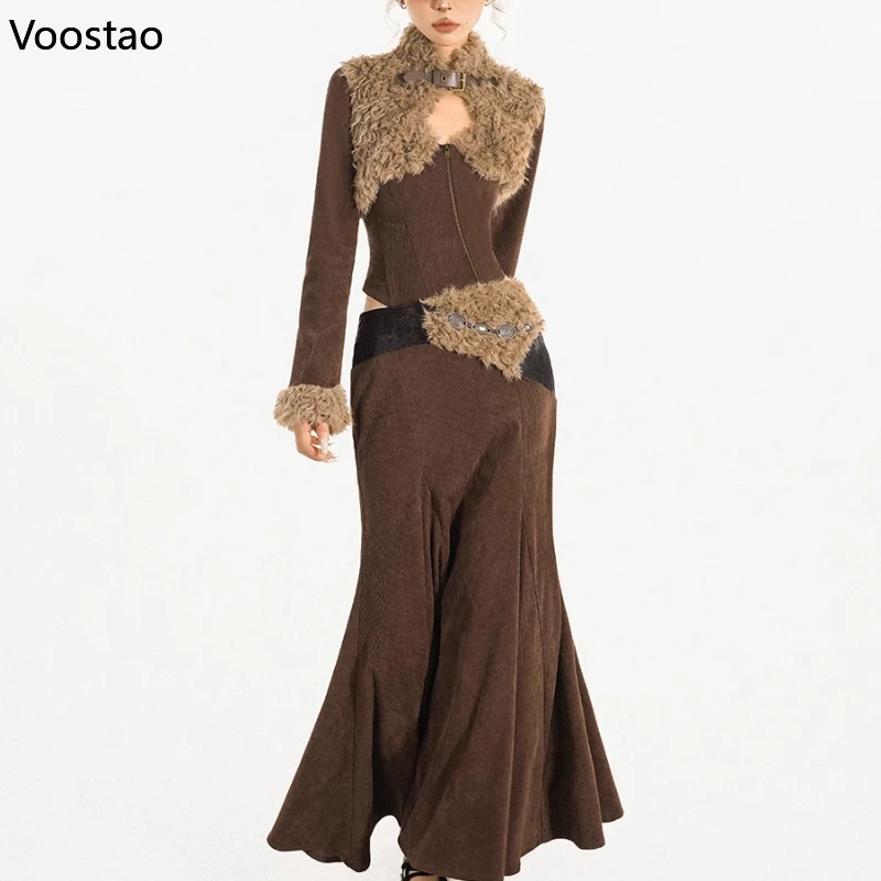 

American Style Vintage 3 Piece Set Women Y2k Aesthetic Fake Fur Patchwork Tops High Waist Long Skirt Suit Autumn Fashion Outfits