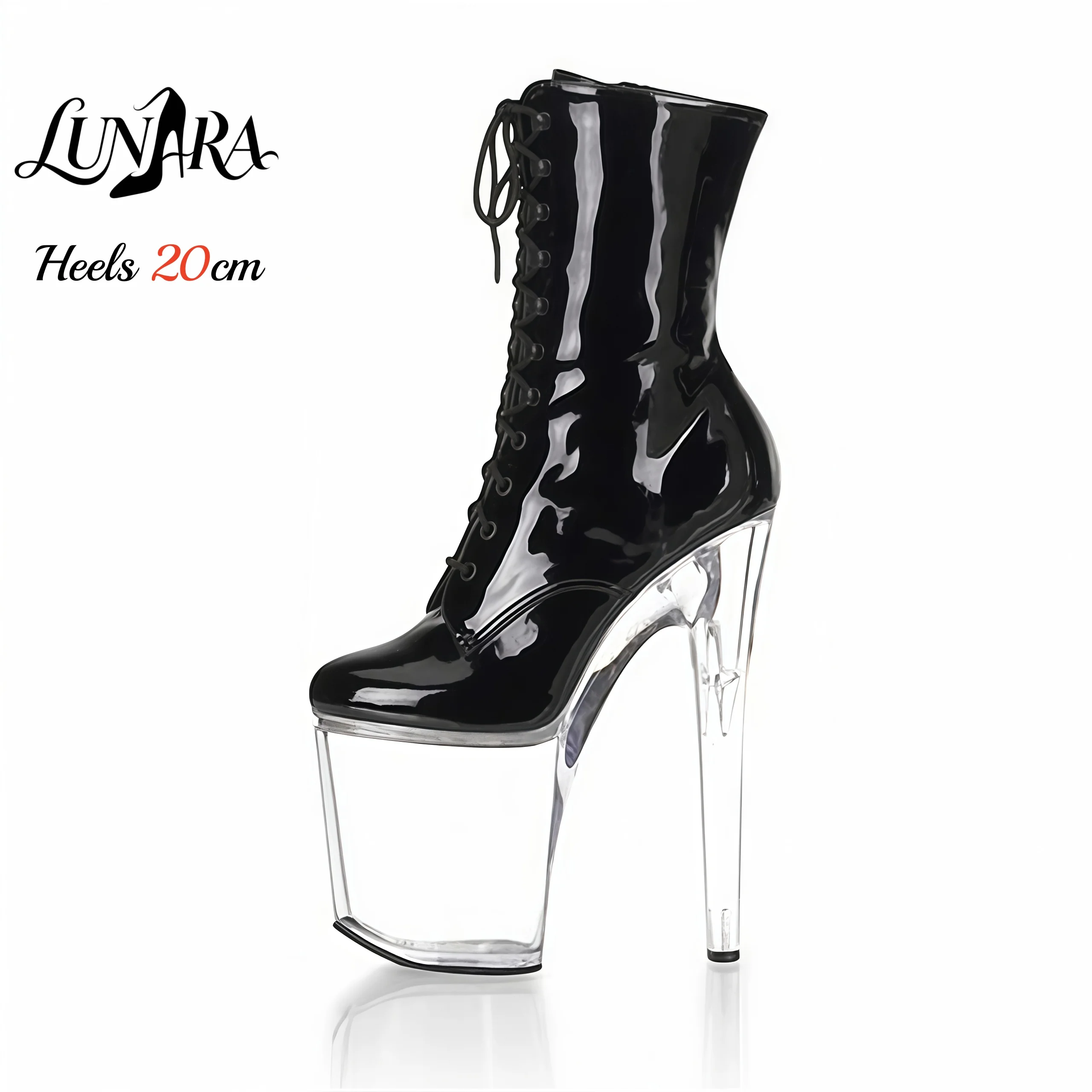 

20cm/8Inch Black Patent Platform High Heel Ankle Boots Lace-Up Clear Heel Zipper Non-slip Sexy Pole Dance Nightclub Ladies Rave