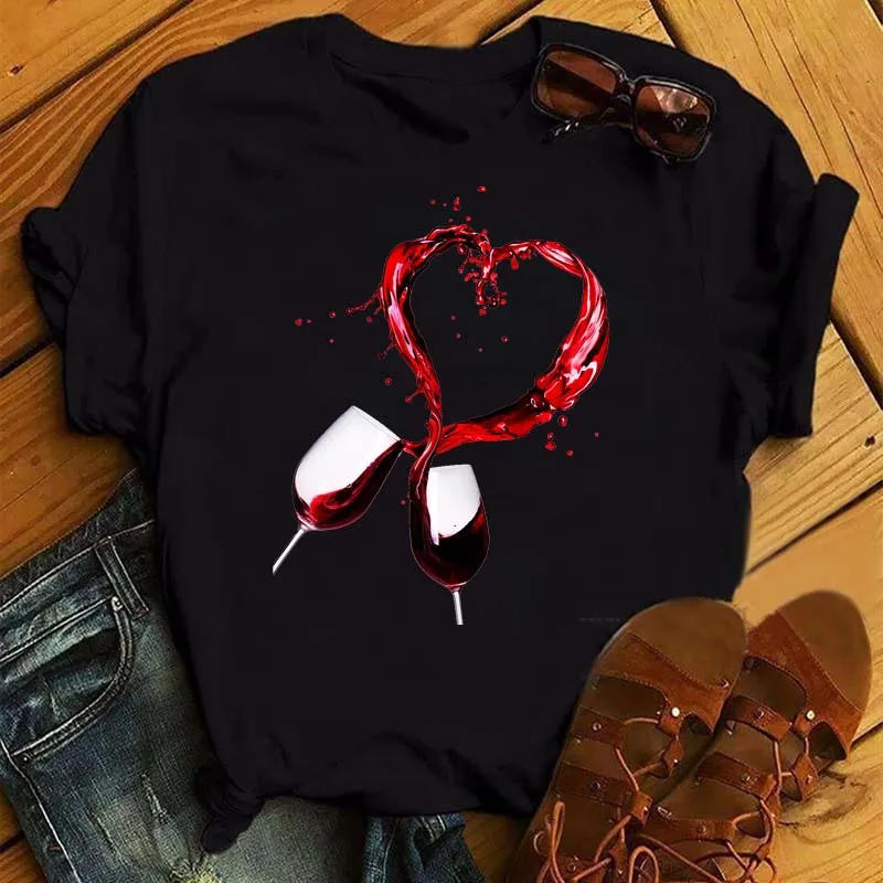 New BNew Women T-Shirt Casual Short Sleeve T Shirt Women's Fashion Rose Red Wine Glass Printed Black T-Shirt Female Tops Tees