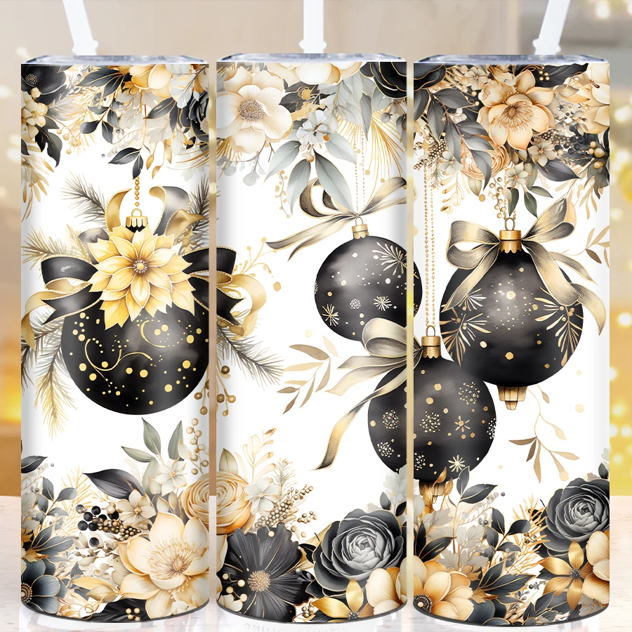 1Pc 3D Print Black Gold Floral Christmas Tumbler 20oz Portable Skinny Straight Water Bottle  Portable Outdoor Travel Cups