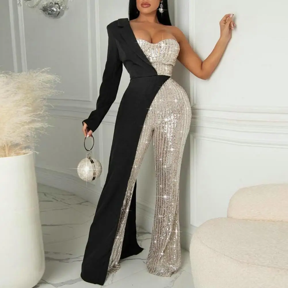 Sequin Waist Jumpsuit Elegant One Shoulder Sequin Jumpsuit with Wide Leg Tight Waist for Prom Party or Special Occasion Women's